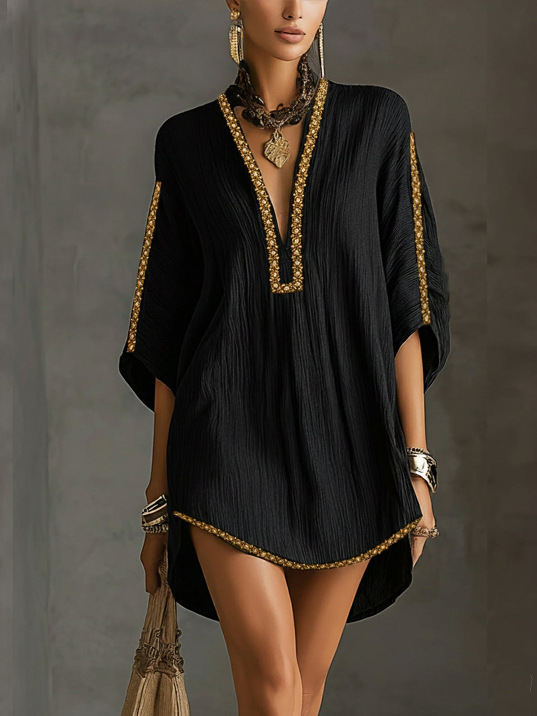 Mirella | Black Short Dress with Deep V-Neck