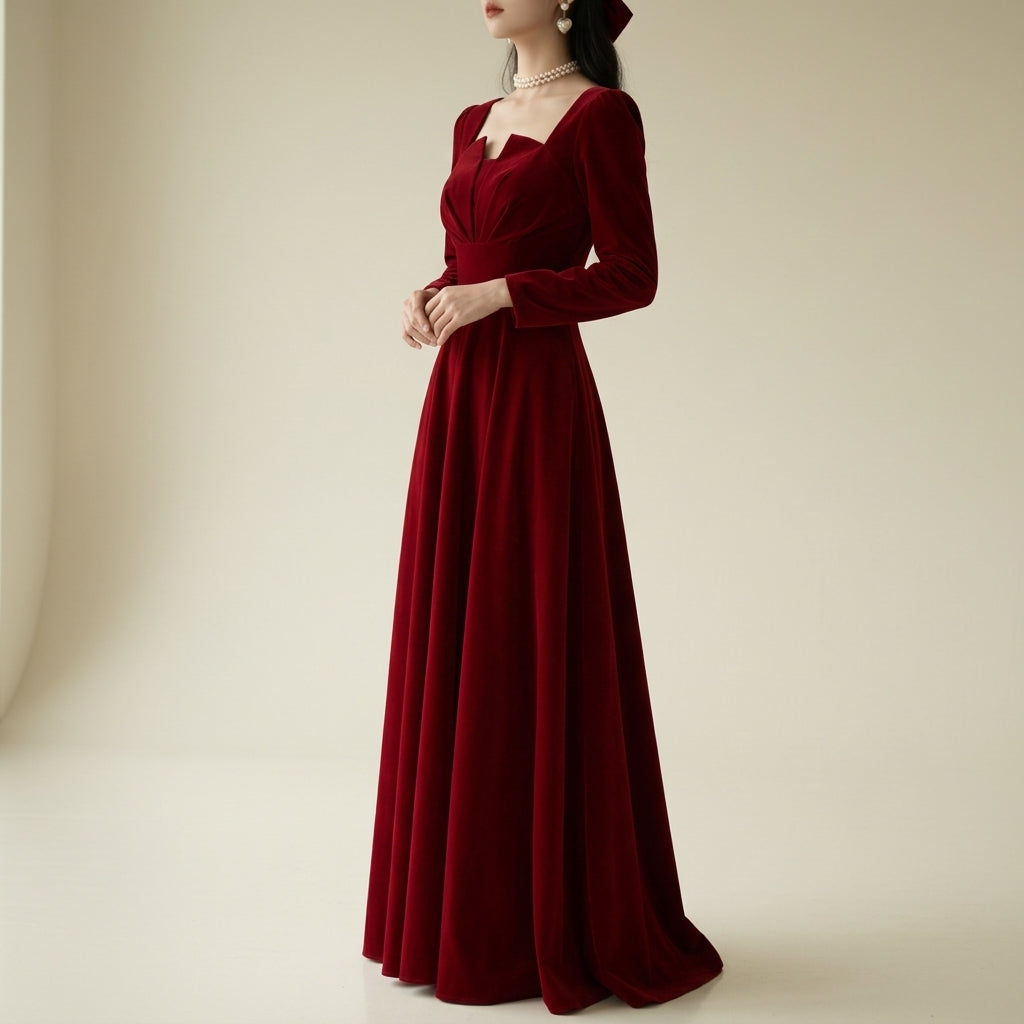 Seraphine Long Sleeve Square Collar Red Wedding Dress