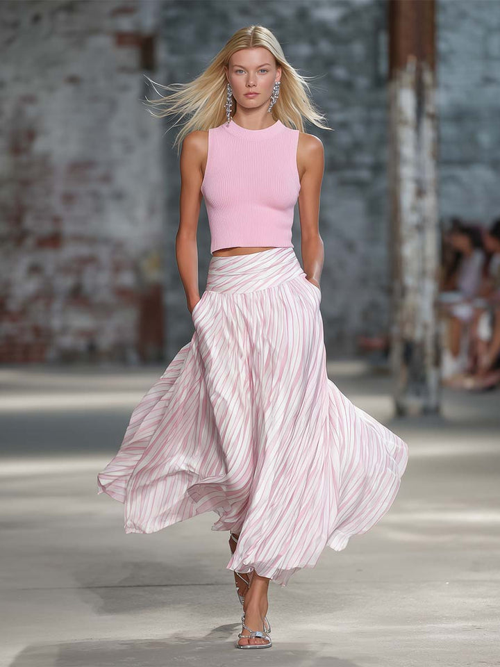 Elegant Retro Flowy Pink Knit Top And Striped Chiffon Skirt Set