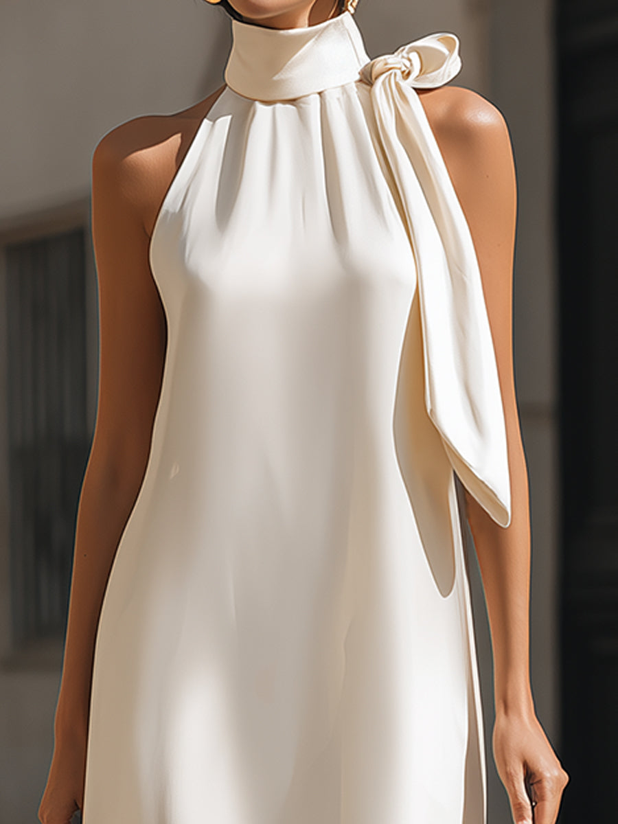 Elegant Ivory Satin Halter Maxi Dress - Elena Harper