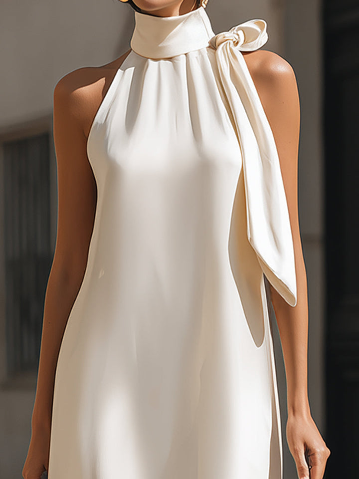 Elegant Ivory Satin Halter Maxi Dress - Elena Harper
