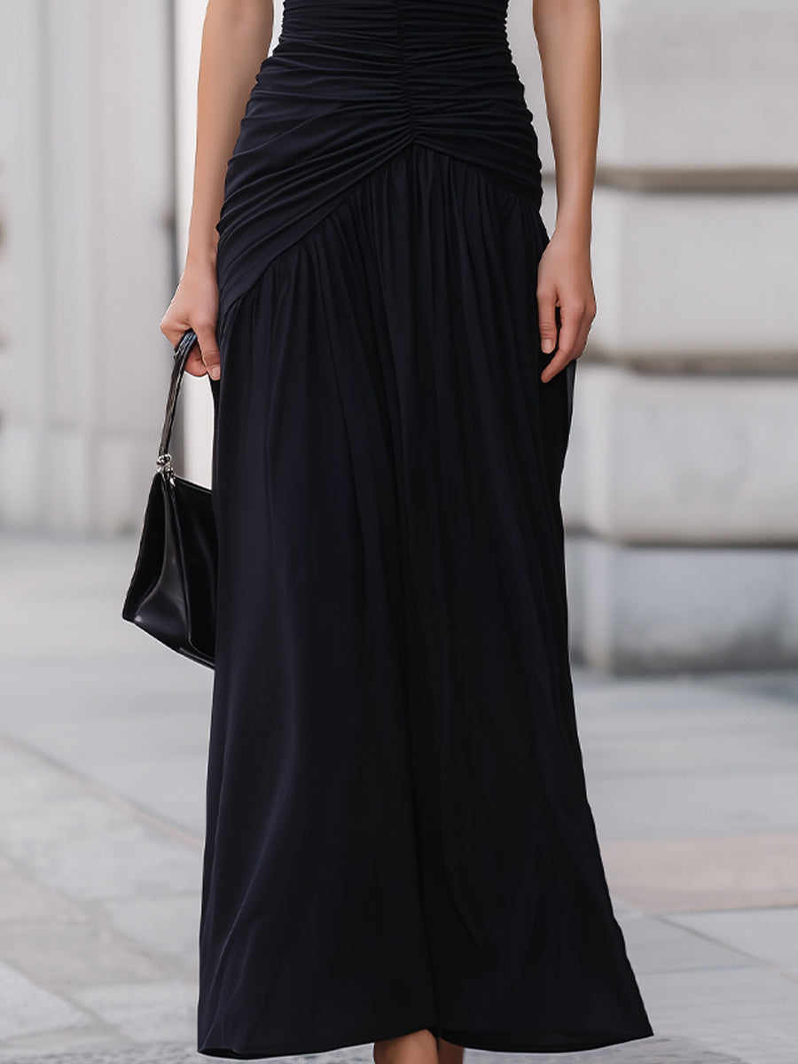 Black One Shoulder Ruched Waist Flowy Maxi Dress - Elena Harper