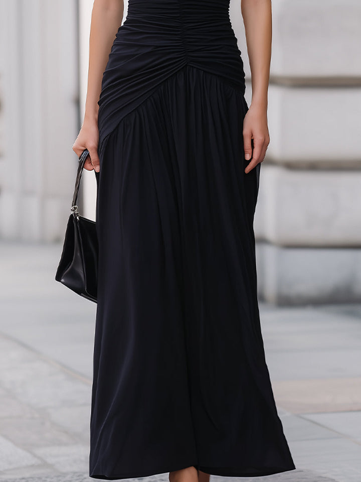 Black One Shoulder Ruched Waist Flowy Maxi Dress - Elena Harper
