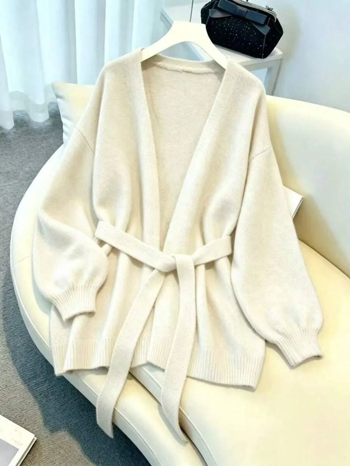Ladies Chunky Knit Cardigan with Belt - Oversized V-neck Cardigan