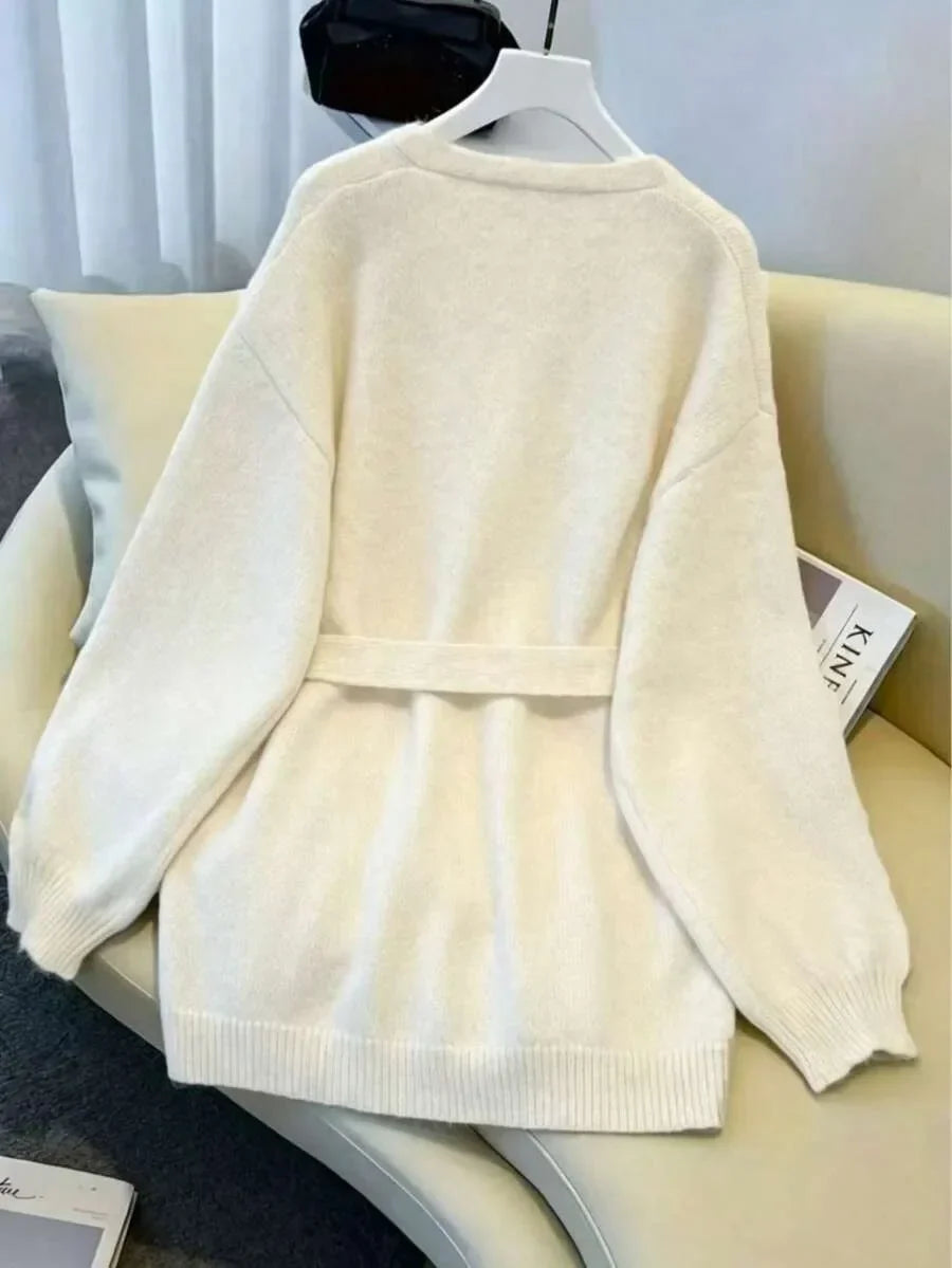 Ladies Chunky Knit Cardigan with Belt - Oversized V-neck Cardigan