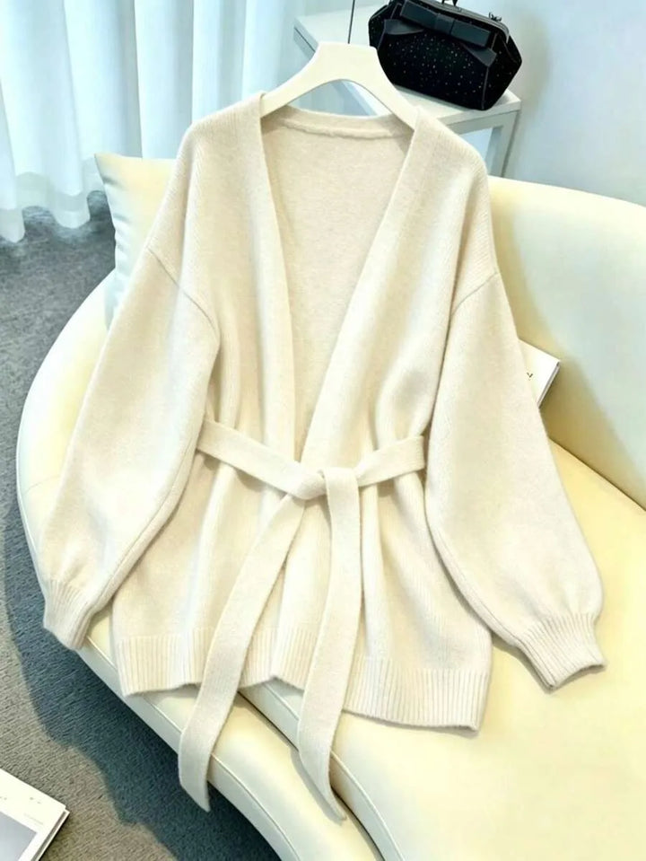 Ladies Chunky Knit Cardigan with Belt - Oversized V-neck Cardigan