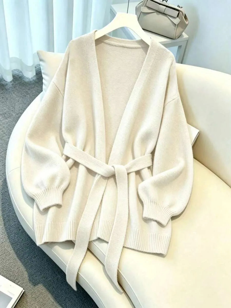 Ladies Chunky Knit Cardigan with Belt - Oversized V-neck Cardigan