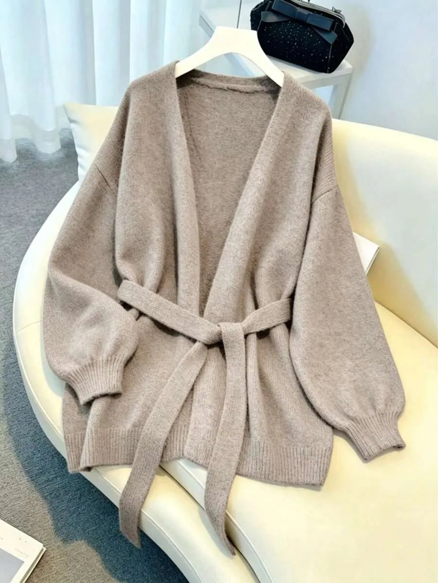 Ladies Chunky Knit Cardigan with Belt - Oversized V-neck Cardigan