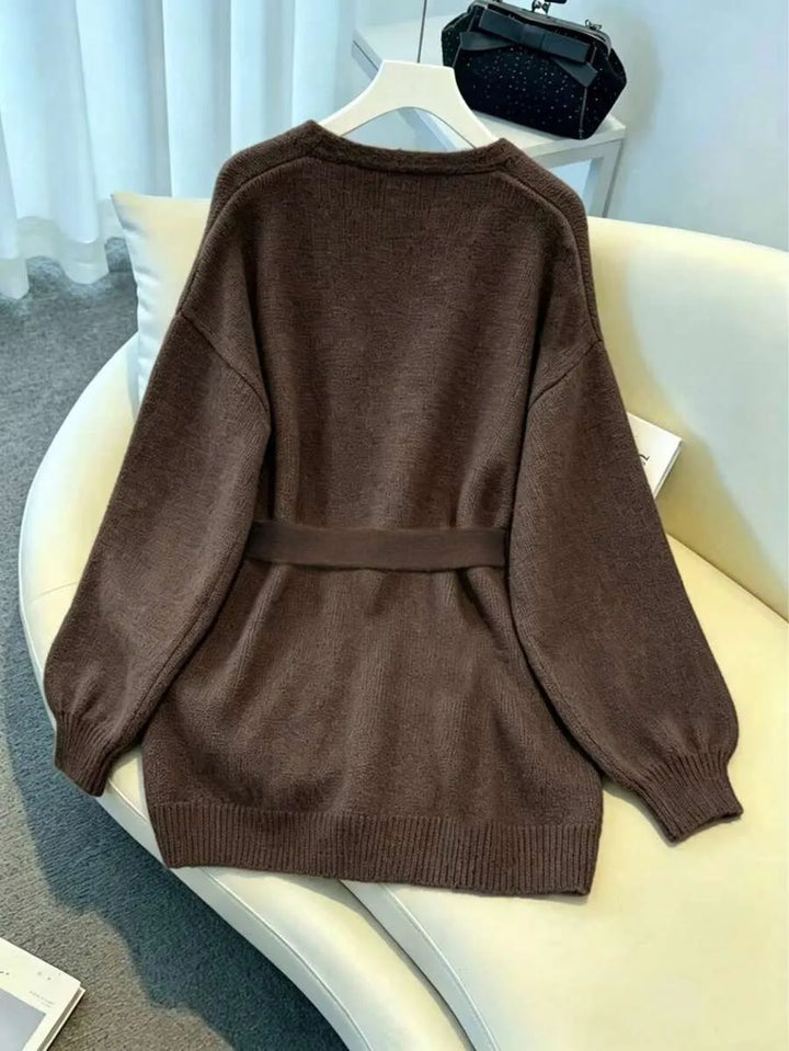 Ladies Chunky Knit Cardigan with Belt - Oversized V-neck Cardigan