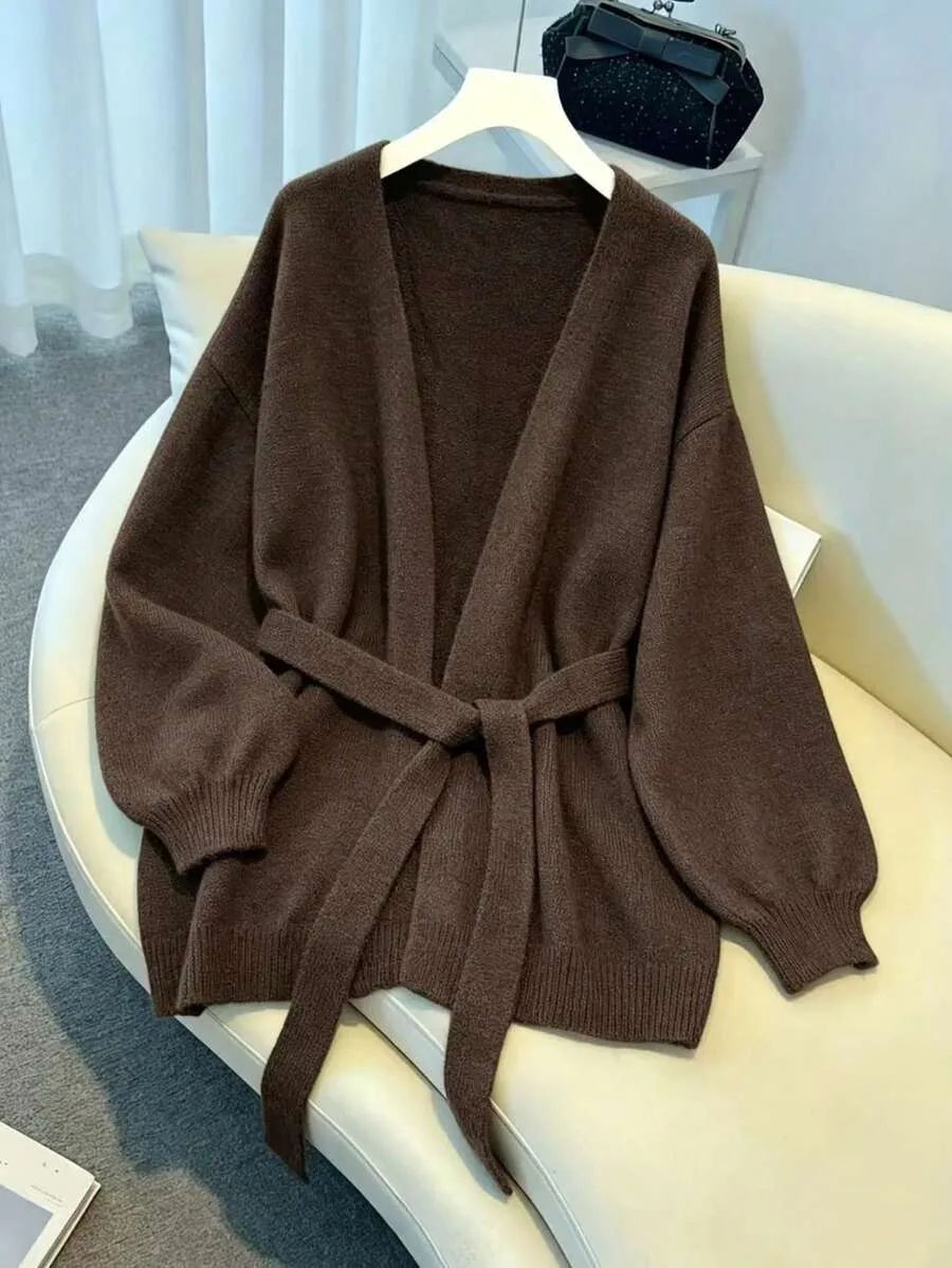 Ladies Chunky Knit Cardigan with Belt - Oversized V-neck Cardigan