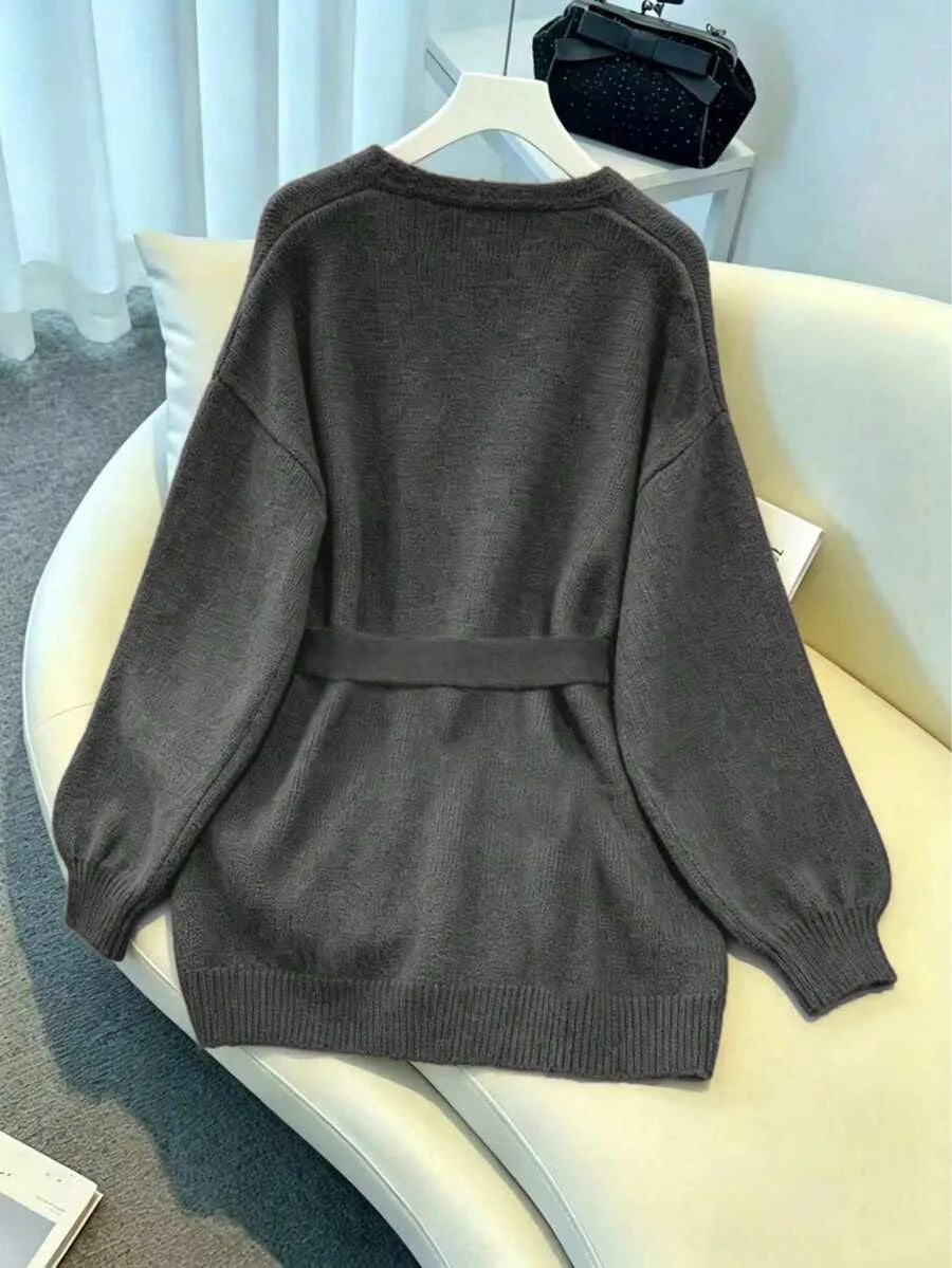 Ladies Chunky Knit Cardigan with Belt - Oversized V-neck Cardigan
