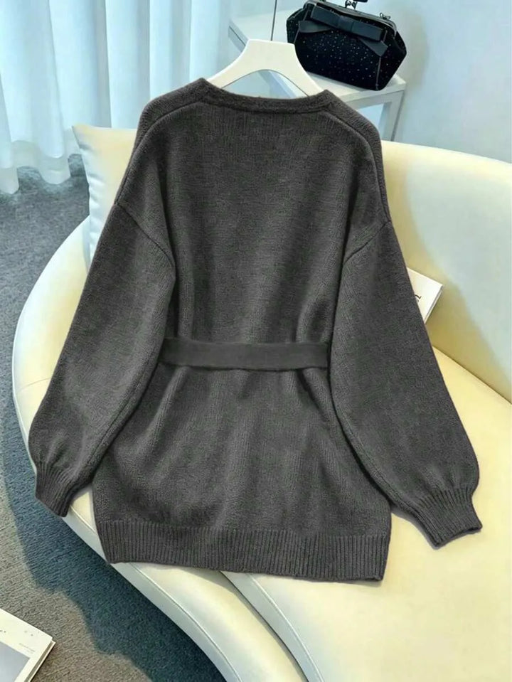 Ladies Chunky Knit Cardigan with Belt - Oversized V-neck Cardigan