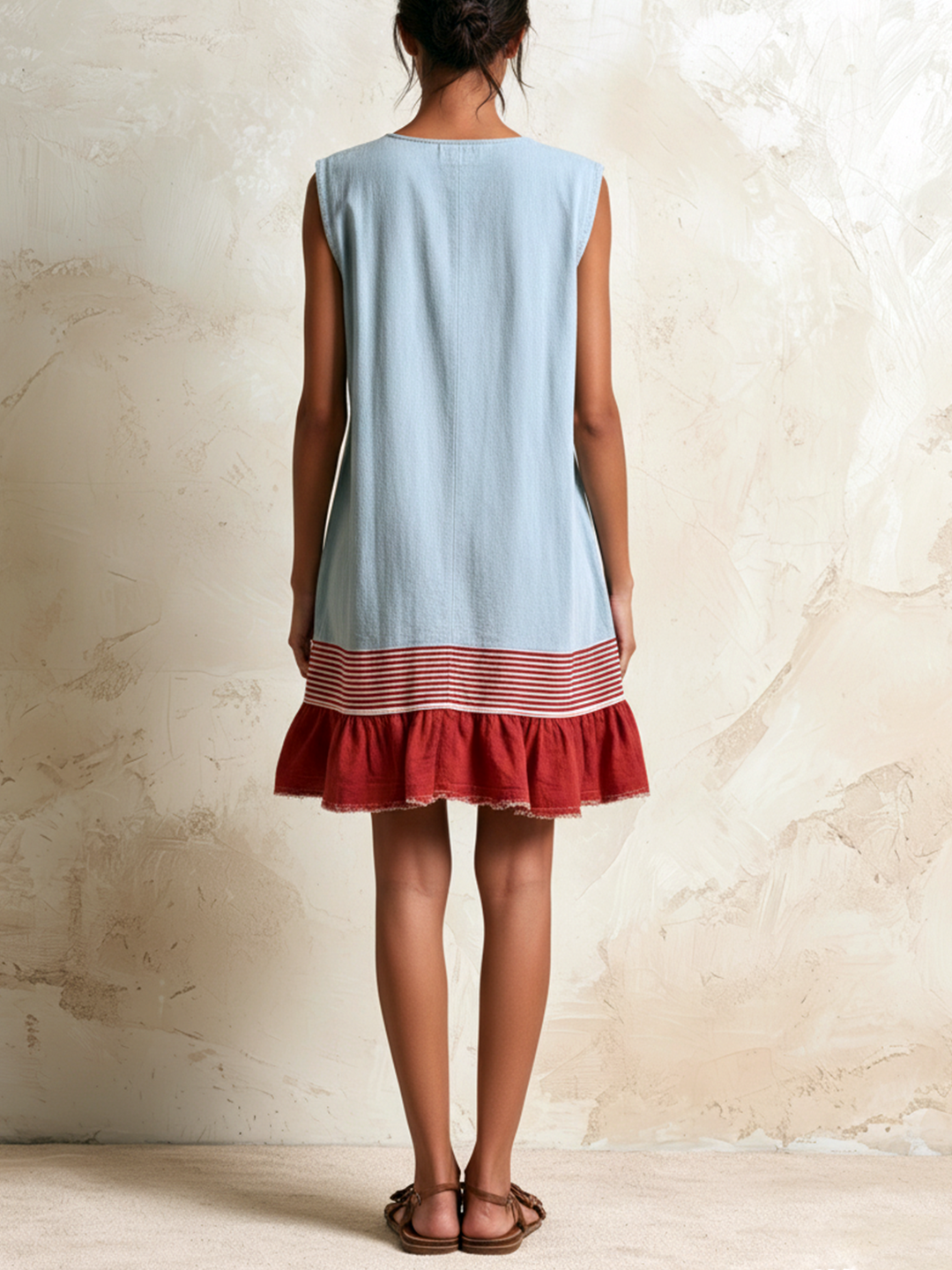 Amaya | Light Blue Sleeveless Tunic Dress with Red Stripe and Ruffled Hem