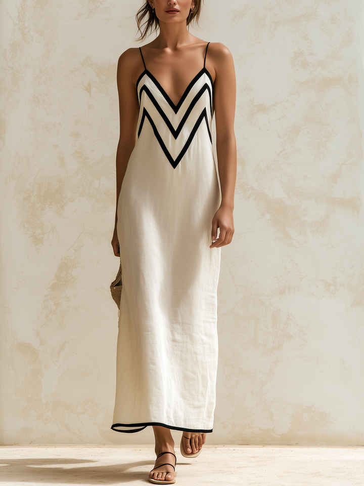 Monica | Long linen slip dress with contrasting chevron trim