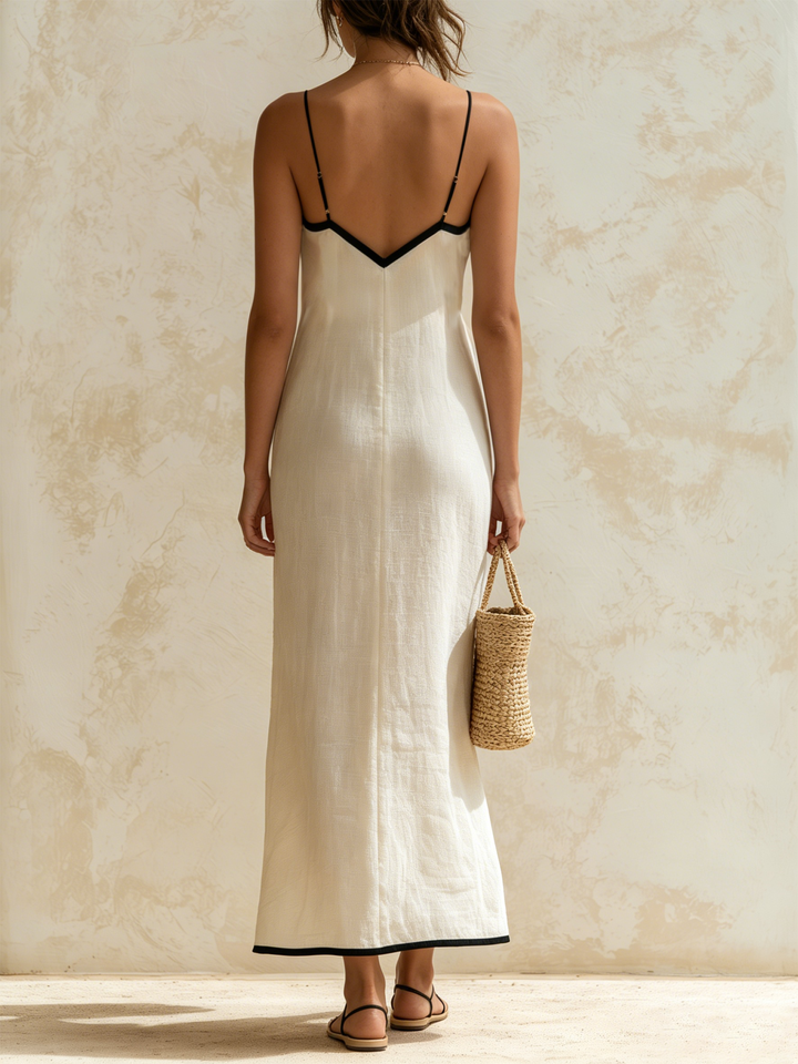 Monica | Long linen slip dress with contrasting chevron trim
