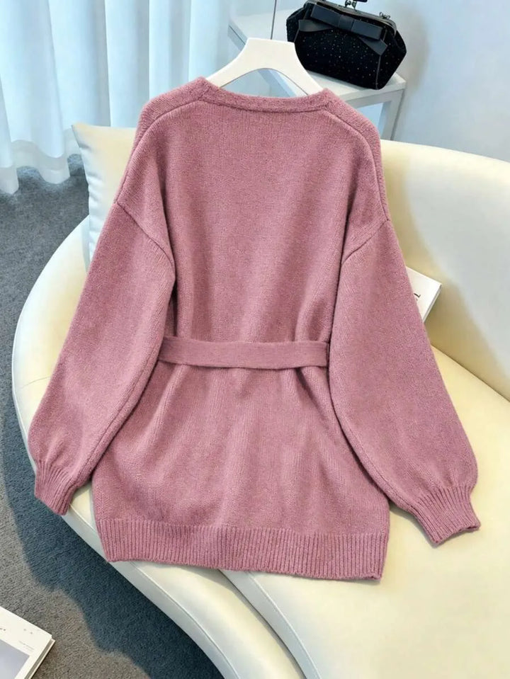 Ladies Chunky Knit Cardigan with Belt - Oversized V-neck Cardigan