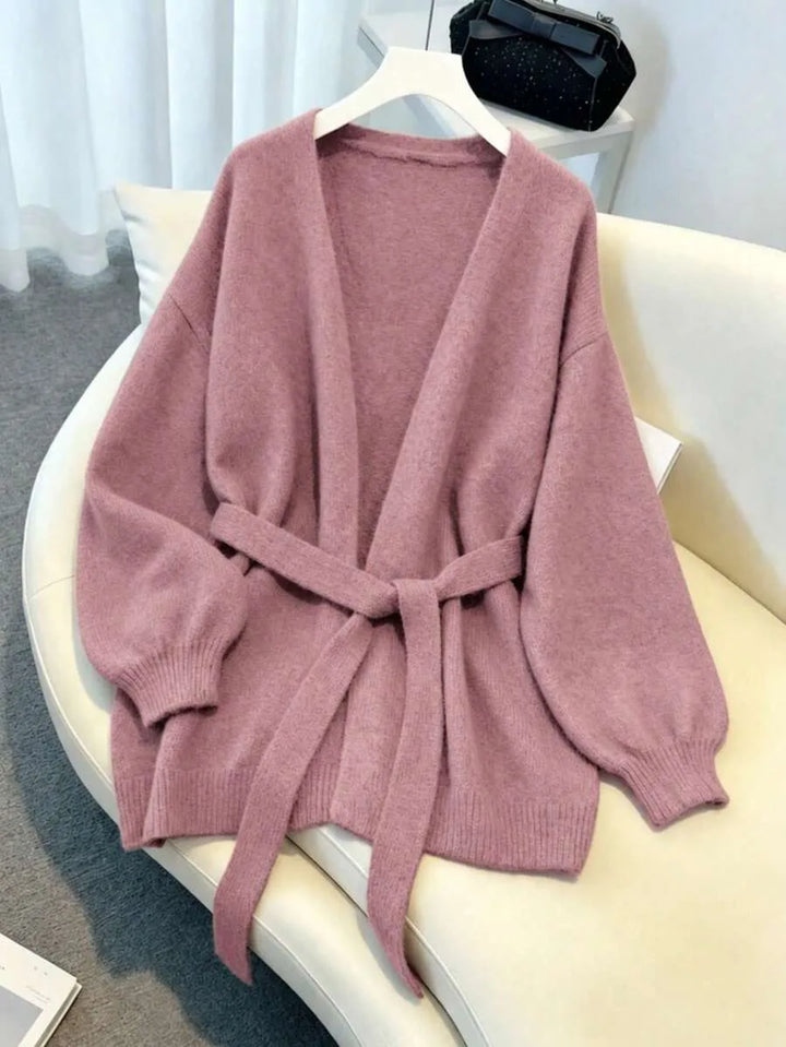 Ladies Chunky Knit Cardigan with Belt - Oversized V-neck Cardigan