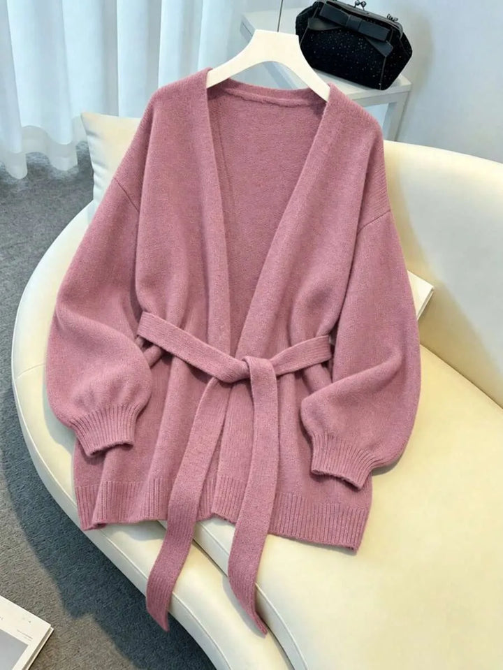 Ladies Chunky Knit Cardigan with Belt - Oversized V-neck Cardigan