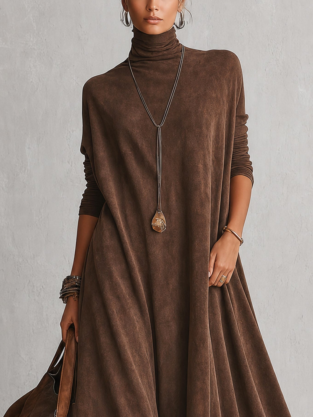 Long women's suede-effect dress with lace