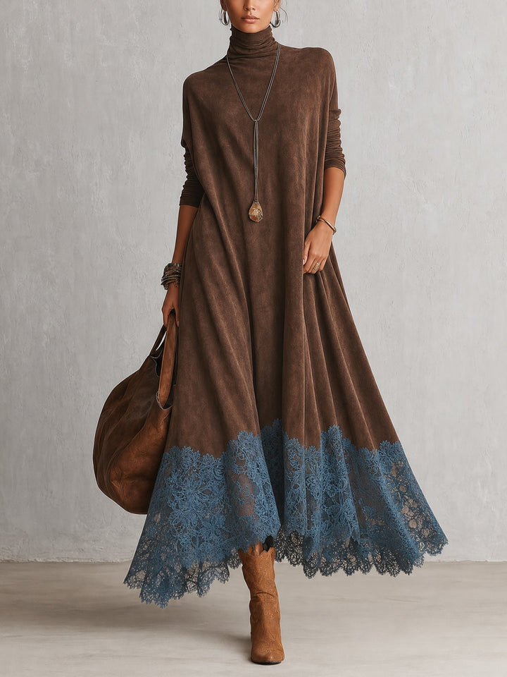 Long women's suede-effect dress with lace