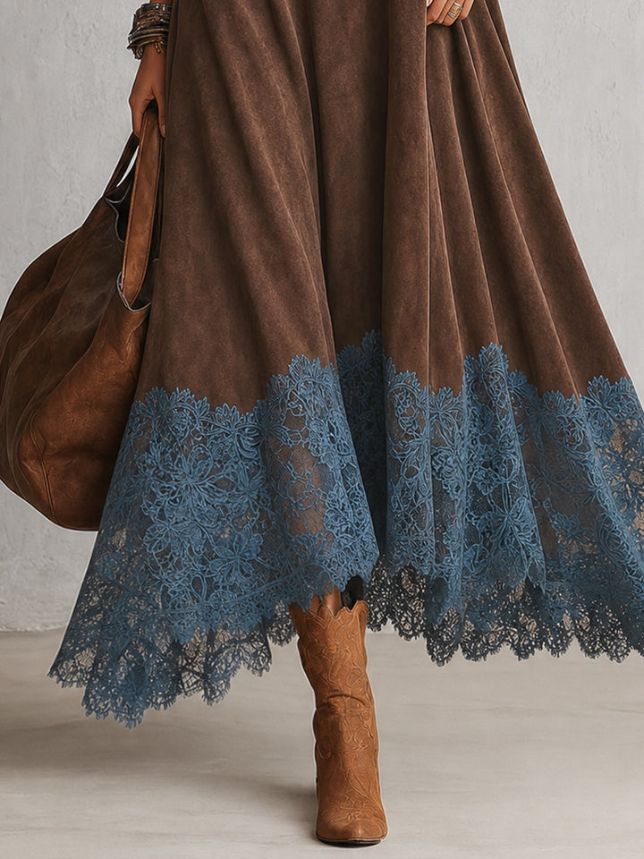 Long women's suede-effect dress with lace