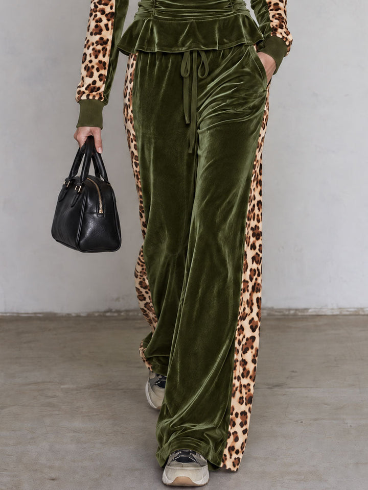 Retro Color-blocked Leopard Print Trim Green Velvet Ruffle Top And Pants Set, view 6 - Elena Harper