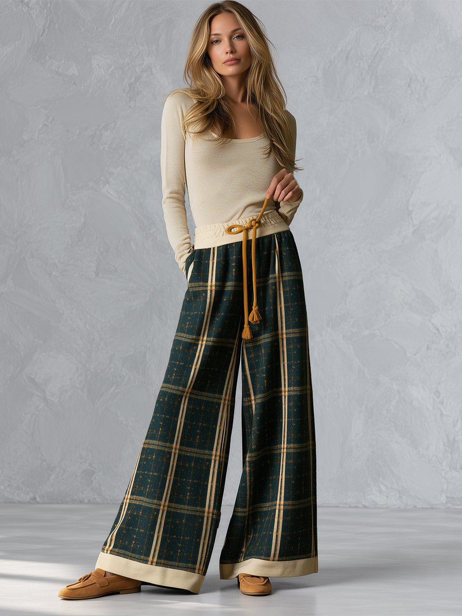 Retro Beige Long-sleeve T-shirt and Green Plaid Wool-blend Wide-leg Trousers Set, view 3 - Elena Harper