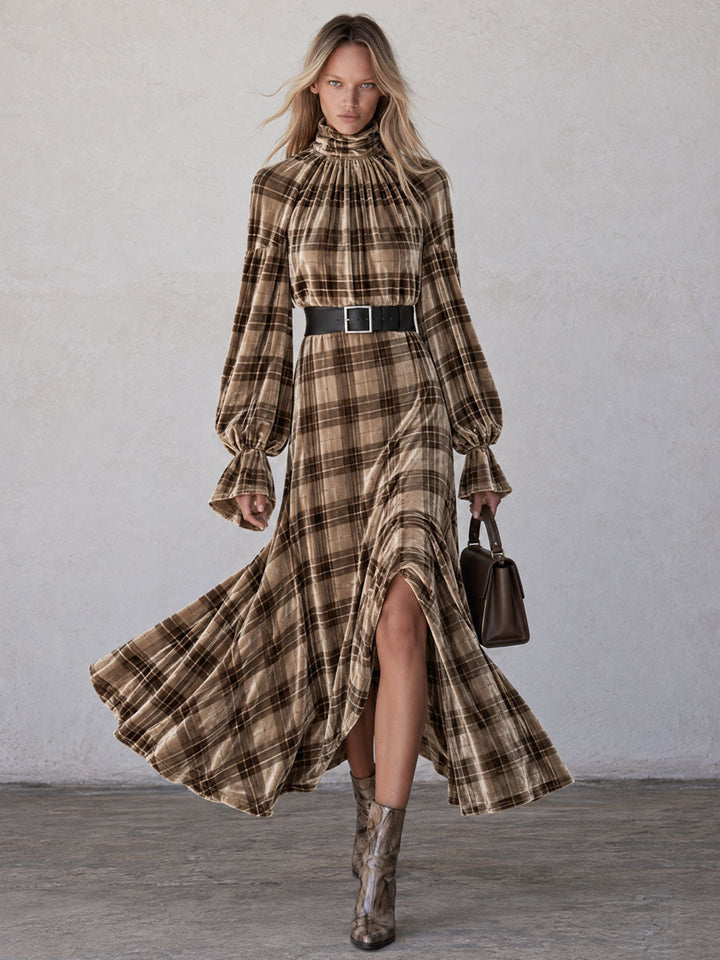 Retro Chic And Elegant Brown Turtleneck Plaid Velvet Print Maxi Dress