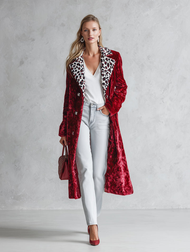 Stylish Loose-fitting Leopard-print Collar Red Velvet Coat
