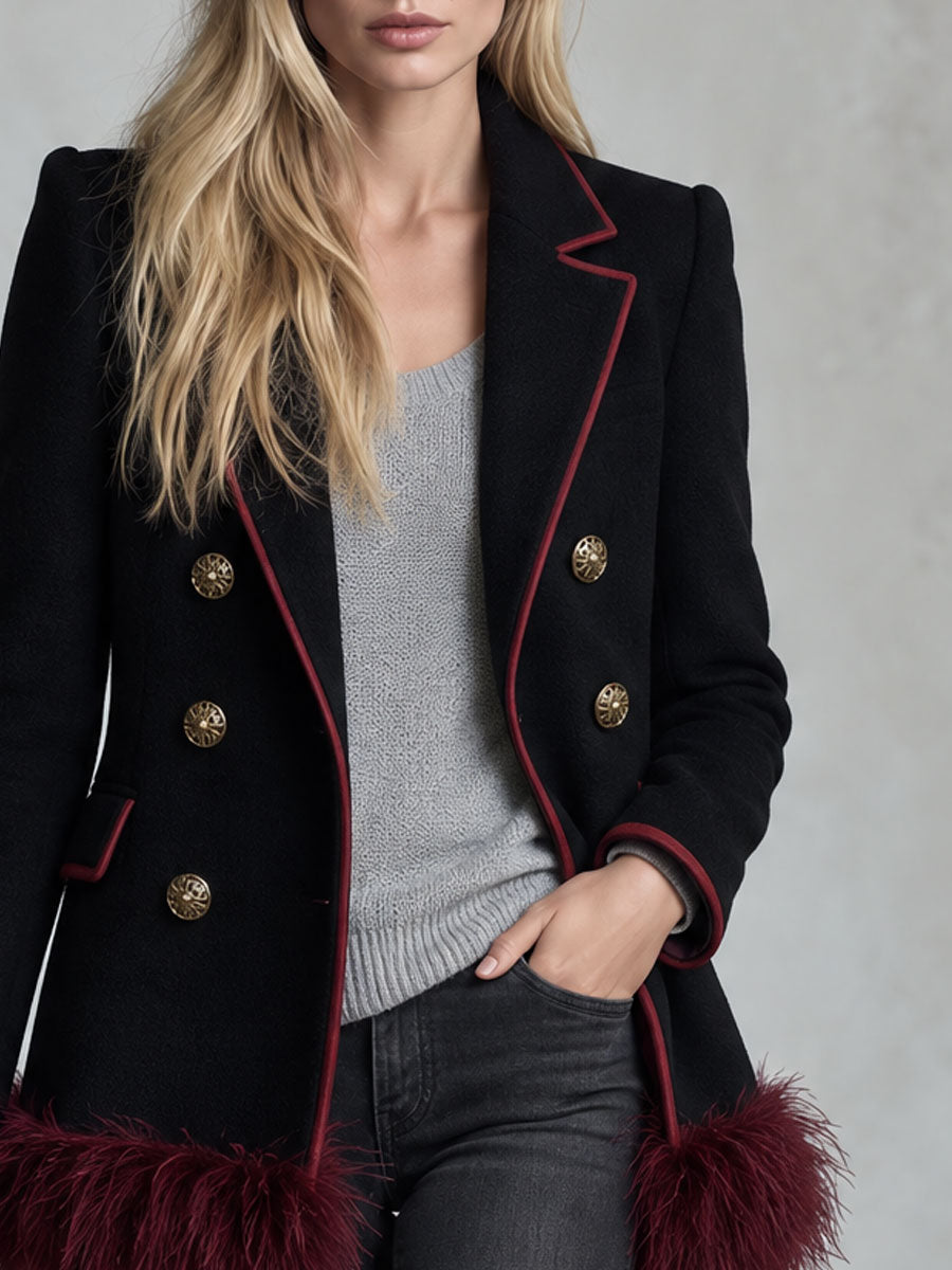 Fashionable Retro Burgundy Faux Feather Hem Black Wool Blend Coat