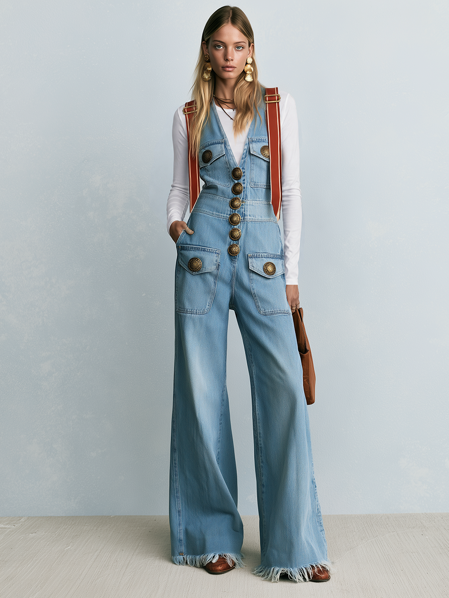 Retro Western Light Wash Button Front Fringe Hem Wide Leg Denim Overalls