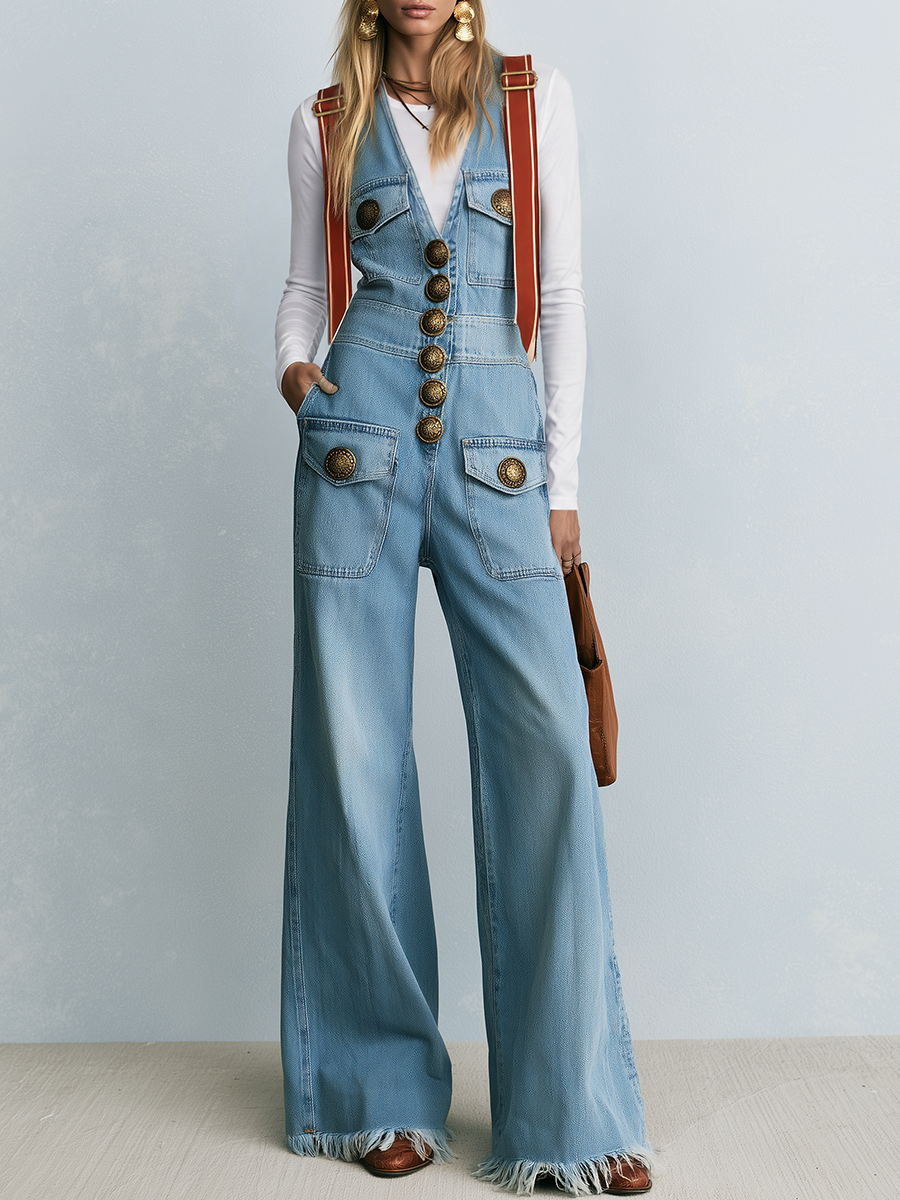 Retro Western Light Wash Button Front Fringe Hem Wide Leg Denim Overalls