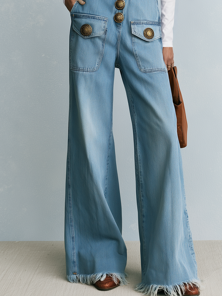 Retro Western Light Wash Button Front Fringe Hem Wide Leg Denim Overalls