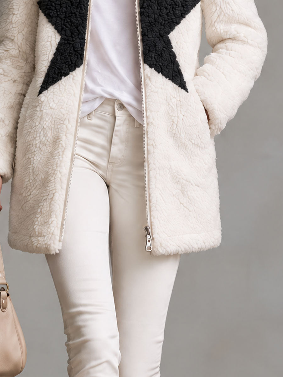 Retro-chic Color-blocked Star-patterned White Stand-collar Zip-up Fleece Coat