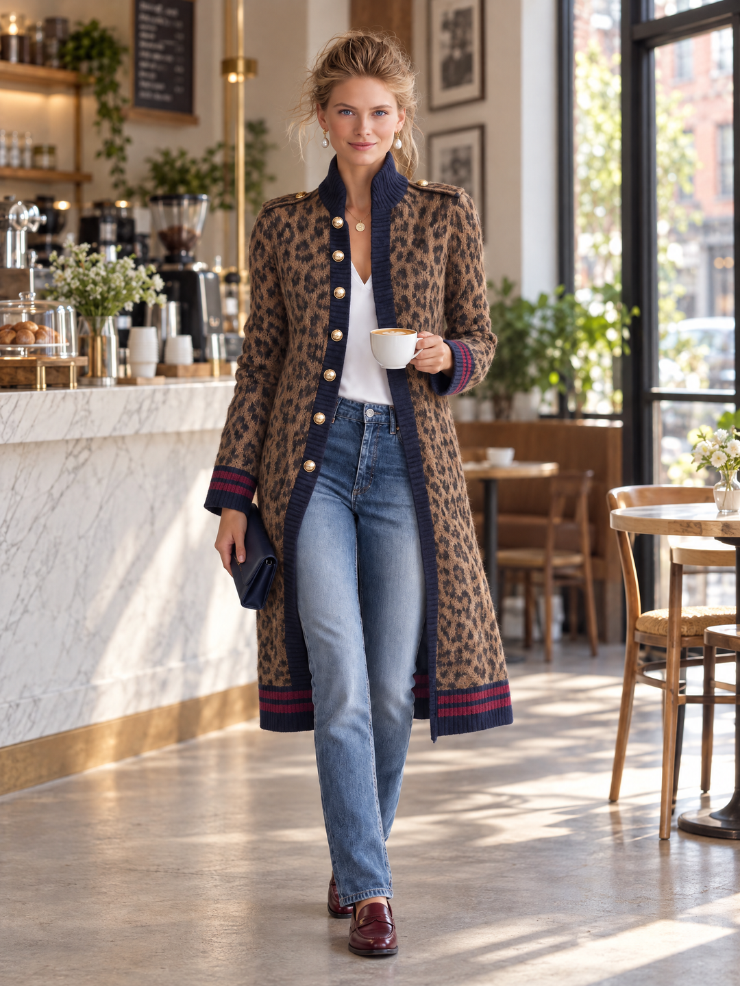 Military Vintage Camel Leopard Print Stand Collar Gold Button Womens Long Sweater Cardigan, view 2 - Elena Harper