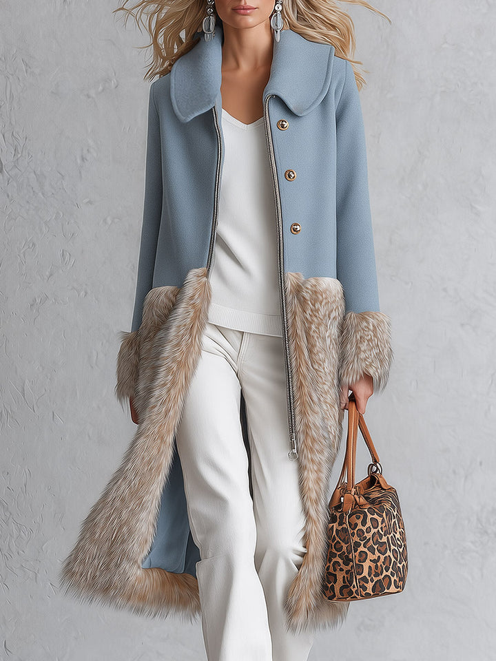 Urban Elegance Dusty Blue Wool-Blend Patchwork Faux Fur Coat