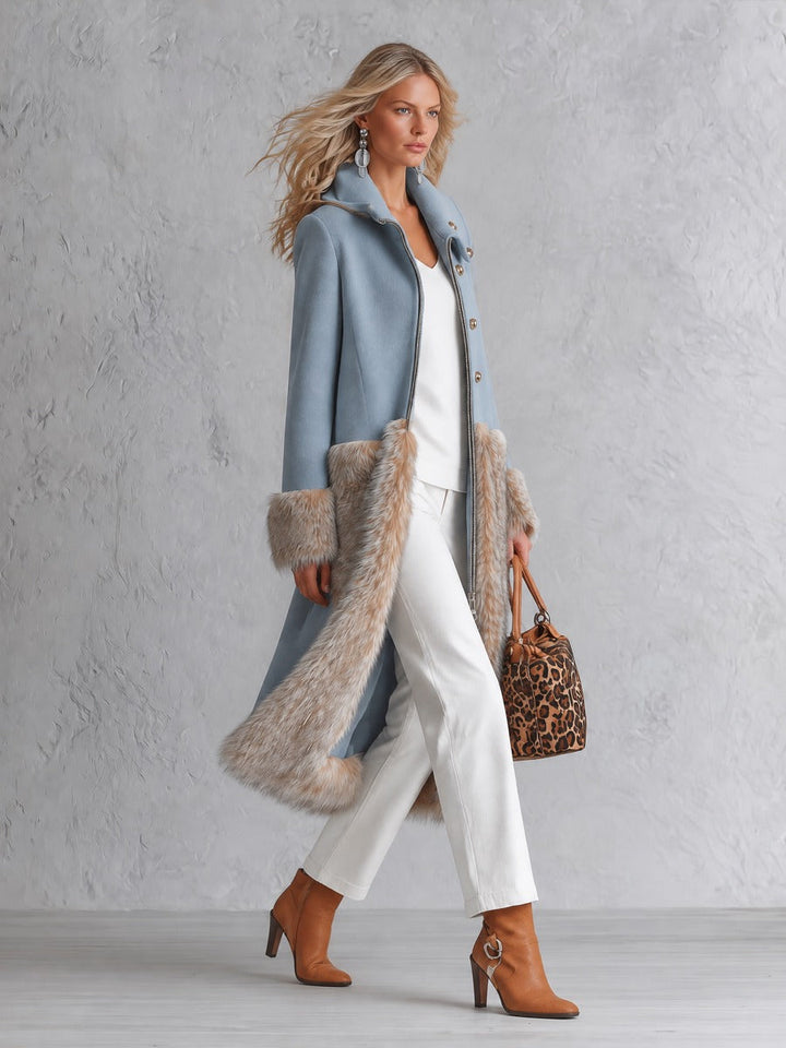 Urban Elegance Dusty Blue Wool-Blend Patchwork Faux Fur Coat