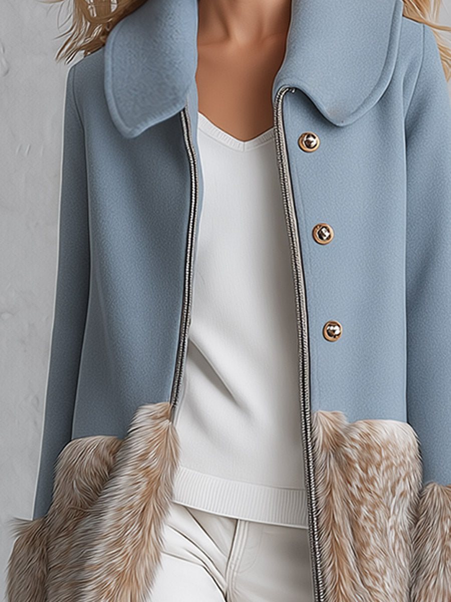 Urban Elegance Dusty Blue Wool-Blend Patchwork Faux Fur Coat