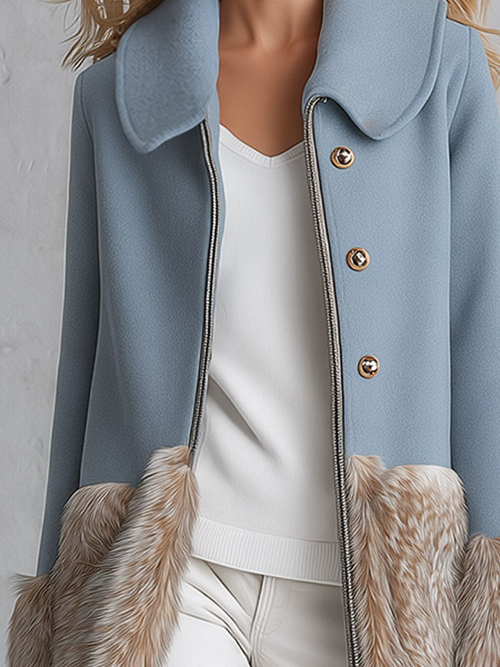 Urban Elegance Dusty Blue Wool-Blend Patchwork Faux Fur Coat