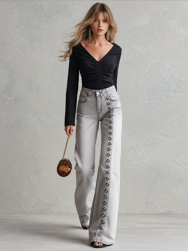 Stylish Metal Eyelets Light Gray Wide-Leg Jeans