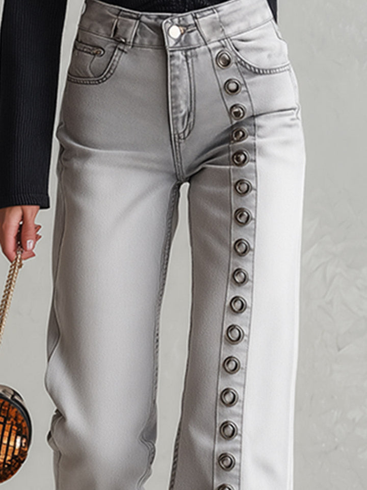 Stylish Metal Eyelets Light Gray Wide-Leg Jeans