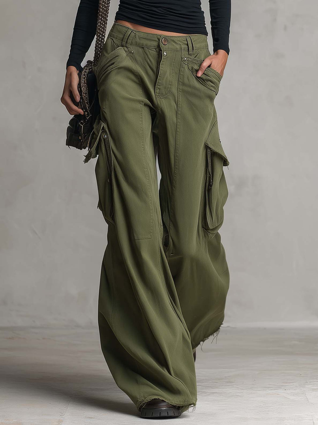 Utility Washed Olive Green Low Rise Baggy Wide Leg Women Cargo Jeans - Elena Harper