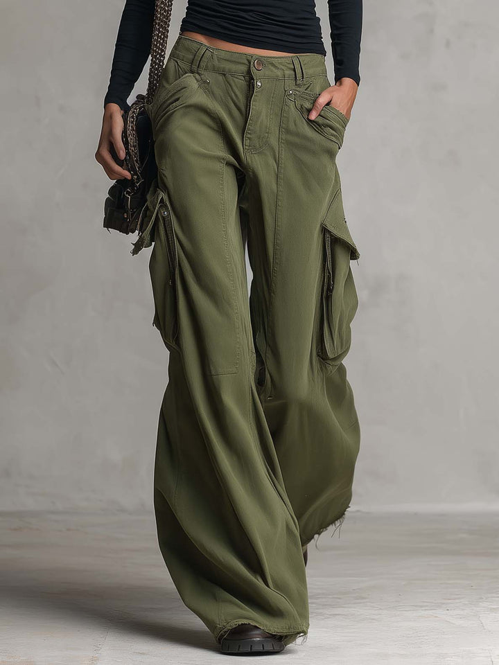 Utility Washed Olive Green Low Rise Baggy Wide Leg Women Cargo Jeans - Elena Harper