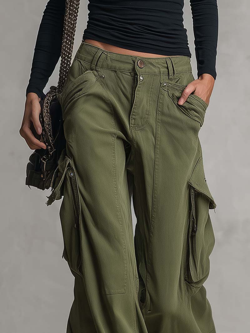 Utility Washed Olive Green Low Rise Baggy Wide Leg Women Cargo Jeans, view 8 - Elena Harper