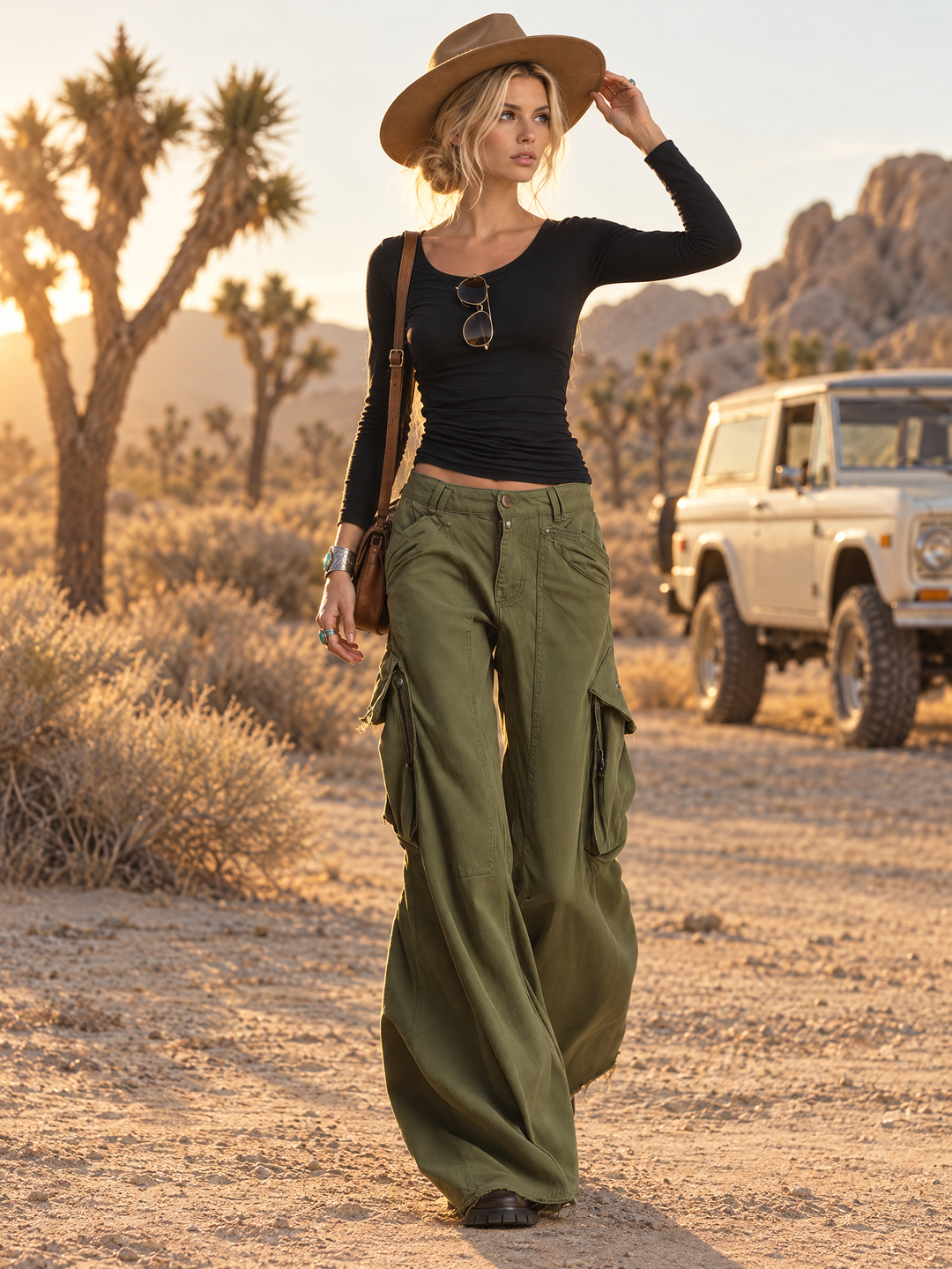 Utility Washed Olive Green Low Rise Baggy Wide Leg Women Cargo Jeans, view 5 - Elena Harper