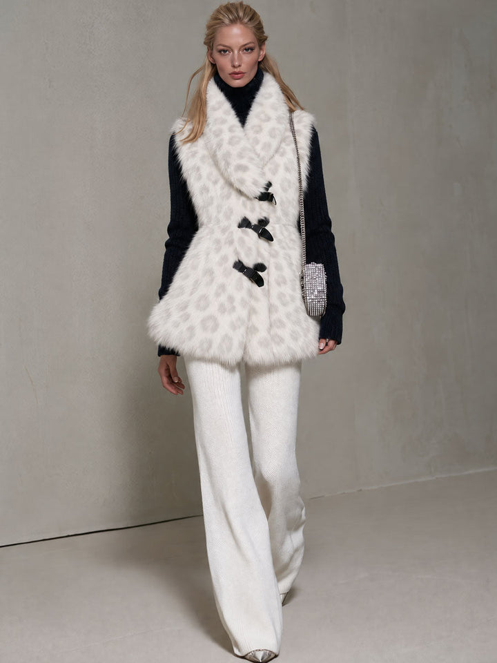 Fashionable Retro Leopard Print Off-white Faux Fur Vest
