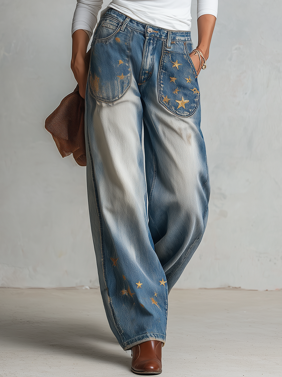 Vintage Americana Gold Star Embroidered Faded Wash Barrel Leg Jeans - Elena Harper