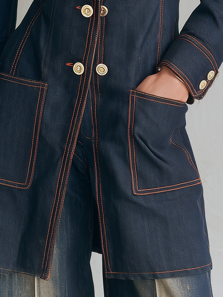 Vintage Chic Dark Rinse Contrast Stitch Double Breasted Longline Denim Blazer, view 8 - Elena Harper