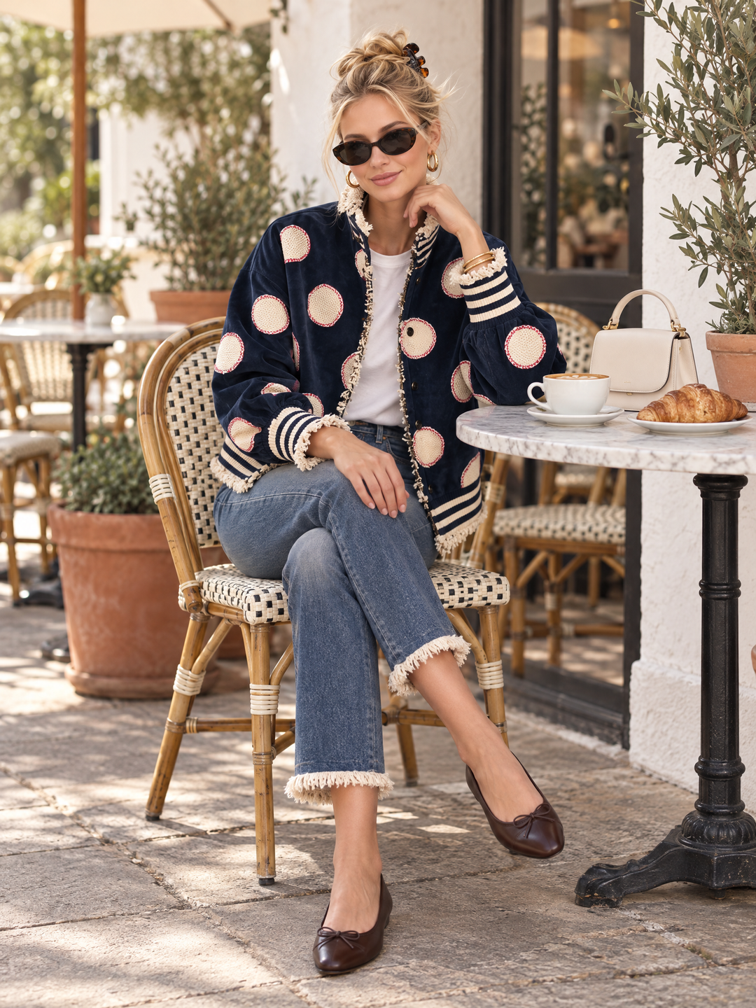 Retro Varsity Navy Suede Polka Dot Frayed Edge Striped Rib Bomber Jacket