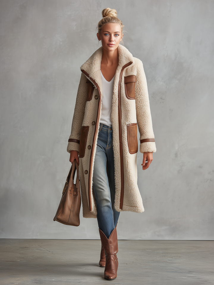 Retro Color-Block Sherpa Lapel Faux Suede Jacket For Women, view 7 - Elena Harper